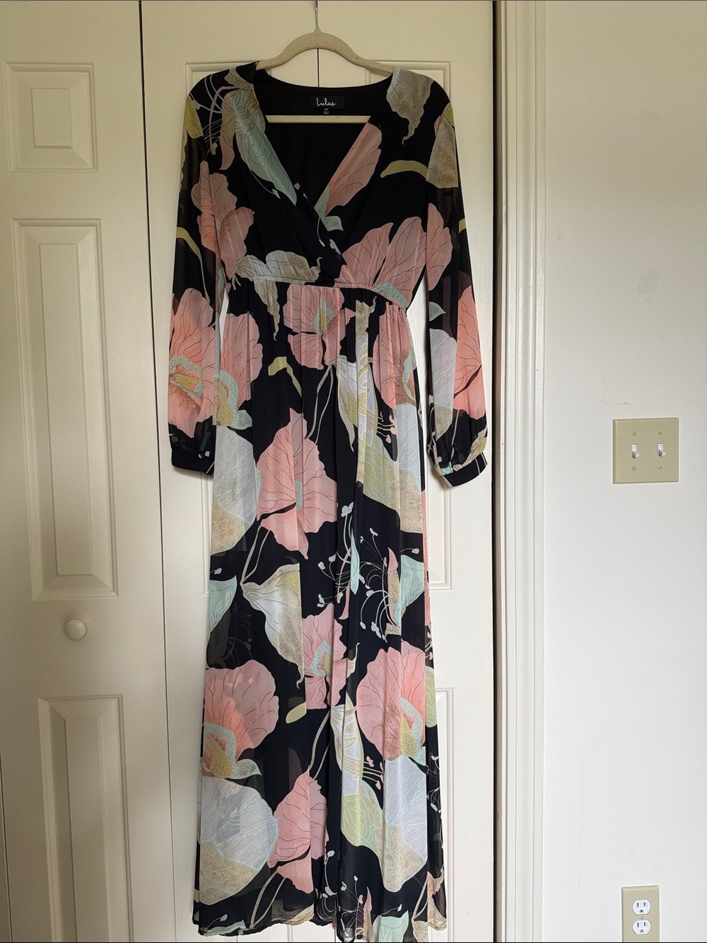 Lulu's Black Maxi Wrap Dress with Pink & Mint Floral
